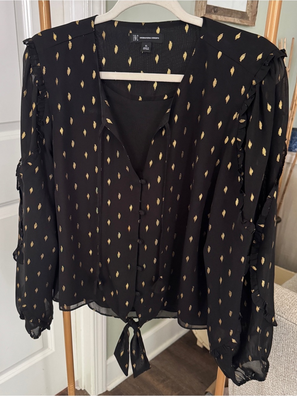INC International Concepts Black Blouse with Gold Fleck Print and Tie Hem